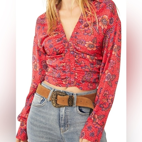 Free People Tops - Free People Top Blouse I Got You Crop Floral Printed V Neck Smocked Size XS